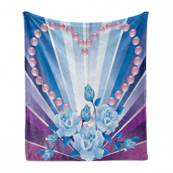 Pearls Soft Flannel Fleece Throw Blanket, Valentine's Day Theme Artwork Roses Heart on Striped Bridal Backdrop, Cozy Plush for Indoor and Outdoor Use, 70" x 90", Blue Purple Pink, by Ambesonne