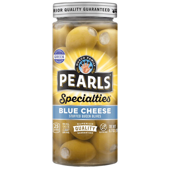 Pearls Specialties Blue Cheese Stuffed Greek Queen Olives 6.7 oz. Jar. Contains Dairy. Gluten Free. Non-GMO
