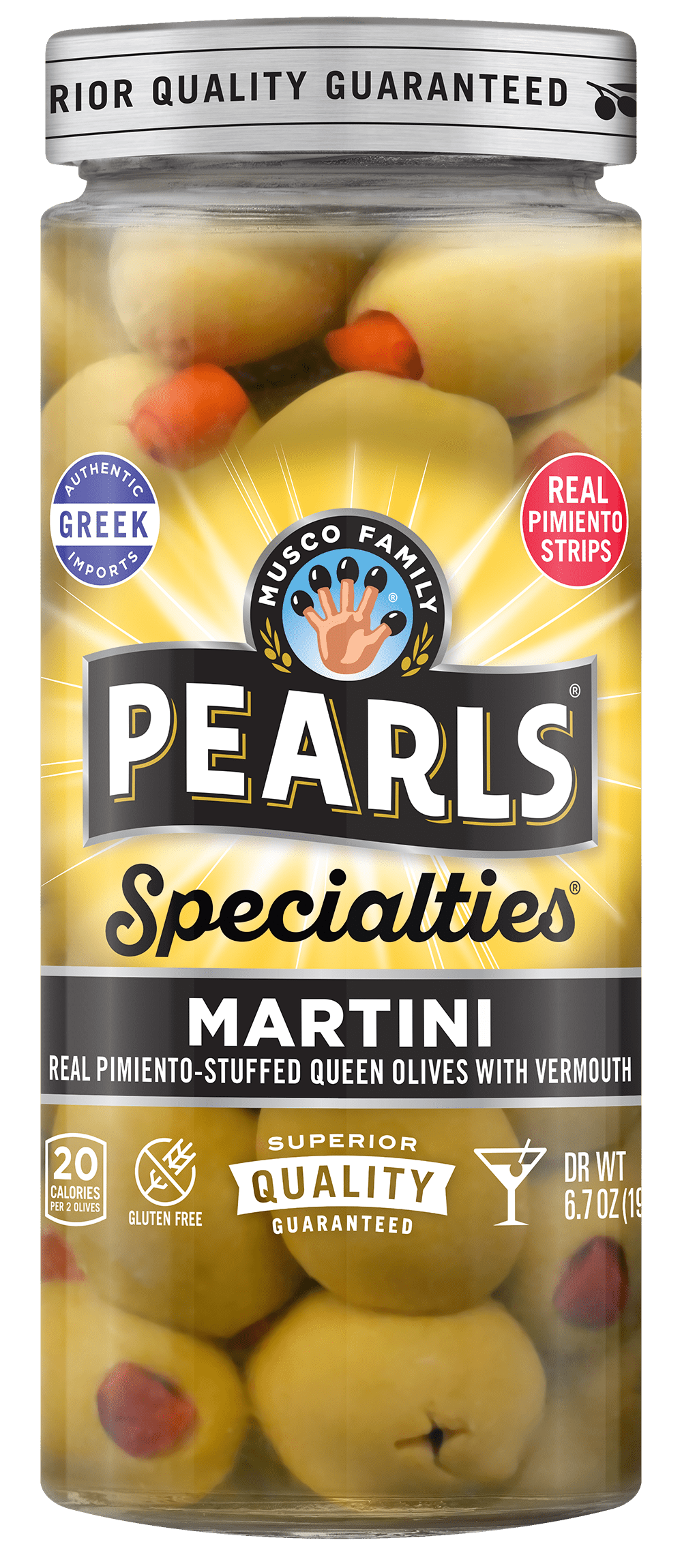Pearls Specialties Martini Vermouth Olives 6.7 oz. Jar. Major Allergens Not Contained.