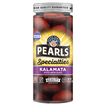 Pearls Specialties Pitted Kalamata Greek Olives 6 oz. Jar. Major Allergens Not Contained. Gluten Free.