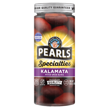 Pearls Specialties Pitted Kalamata Greek Olives 6 oz. Jar. Major Allergens Not Contained. Gluten Free.