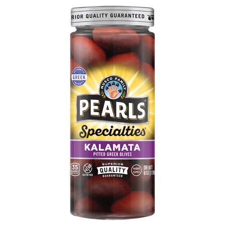 Pearls Specialties Pitted Kalamata Greek Olives 6 oz. Jar. Major Allergens Not Contained.