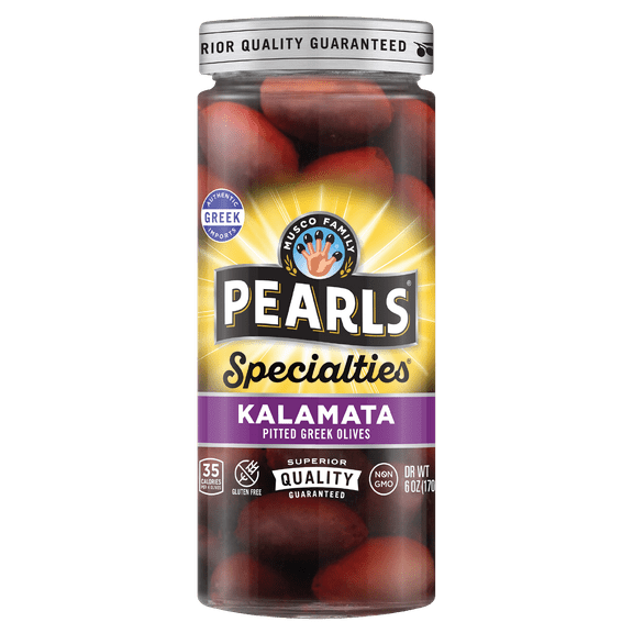 Pearls Specialties Pitted Kalamata Greek Olives 6 oz. Jar. Major Allergens Not Contained.