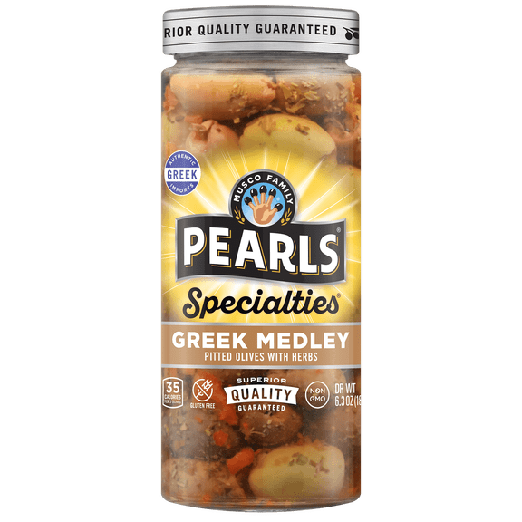 Pearls Specialties Pitted Medley Greek Olives 6.3 oz. Jar. Major Allergens Not Contained.