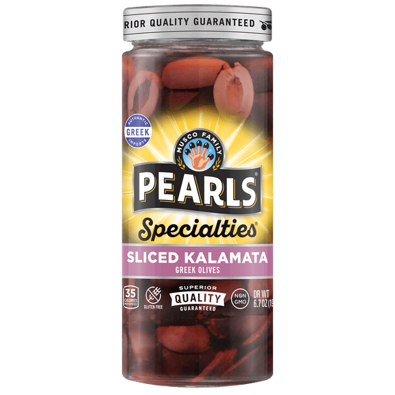 Pearls Specialties Sliced Kalamata Greek Olives 6.7 oz. Jar. Major Allergens Not Contained.