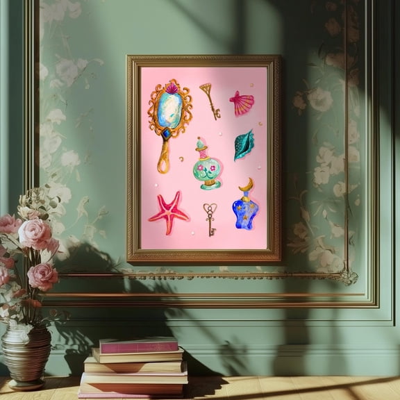 Pearls And Things – Coquette Vanity Print – Pastel Coastal Wall Art – Dark Feminine Ocean Decor – Mystical Mermaidcore Aesthetic Wall Art, Modern Wall Decor, 8x12 UNFRAMED