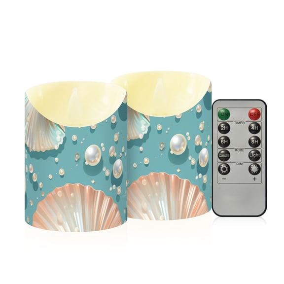 Pearls and Clams Flickering Flameless Candles with Remote Timer Battery Operated LED Tealight Set of 2 S