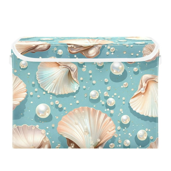 Pearls and Clams Foldable Storage Bin with Lid and Handle Collapsible Storage Box 16.5 x 12.6 x 11.8 inches