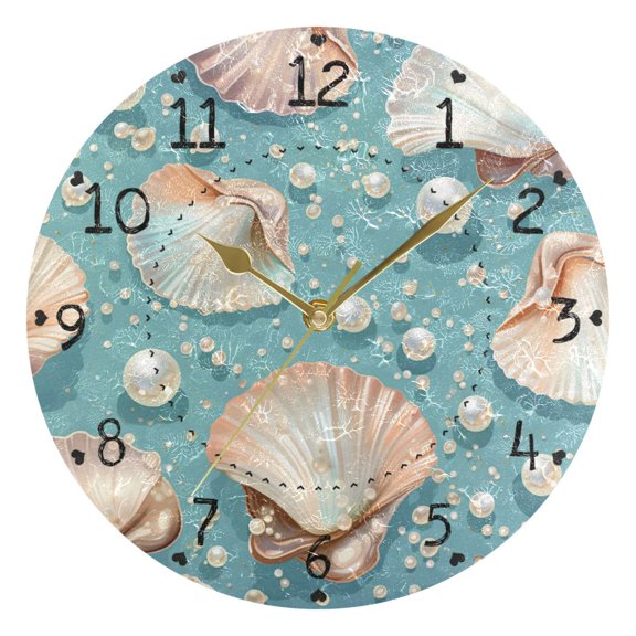 Pearls and Clams Round Wall Clock Silent Analog Battery Operated Gold Pointer Home Decor 9.84" Diameter