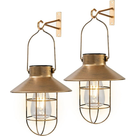 Pearlstar Solar Lanterns Outdoor Metal Solar Powered Hanging Lights Waterproof for Barn Wall Yard Garden Garage Balcony Porch Fence Decor, Warm White Edison Bulb (Copper-2pack)