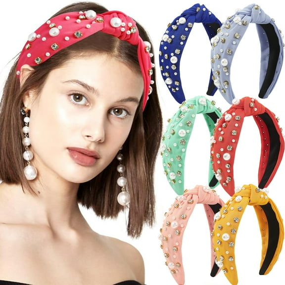 Pearly Knotted Headband for Women Girls Rhinestone Crystal Jeweled Embellished Hairband Wide Top Knot Hairband Headpieces Fashion Beaded Hair Accessories