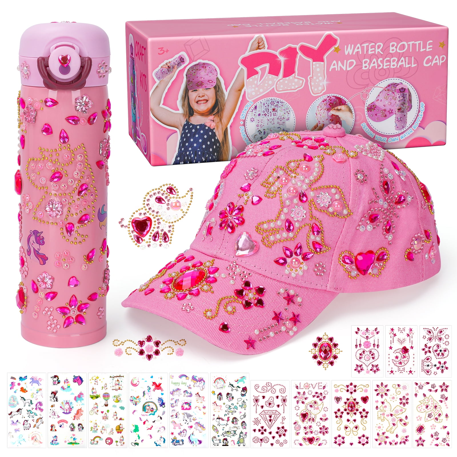 Pearoft Kids Gift for Girls Age 5 6 7 8 9 10 11 Years Old Birthday Presents for Kids, DIY Water Bottle and Baseball Cap Crafts Set for 6+ Girls Decorate Your Own Water Bottle with Glitter Gem Stickers