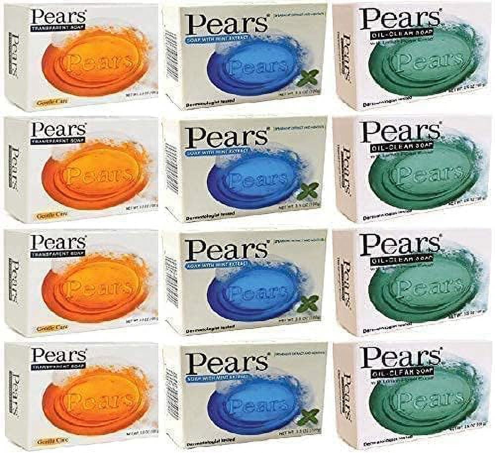 Pears Assorted Bar Soap Pack 12 Bars with Mint Extract, Lemon