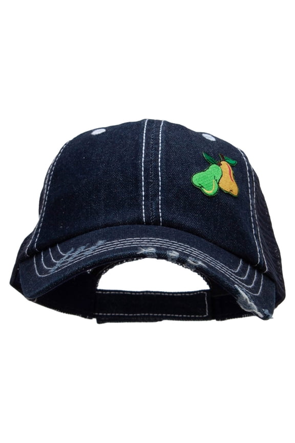 Pears Fruit Patched 6 Panel Denim Frayed Mesh Cap - Denim Navy OSFM