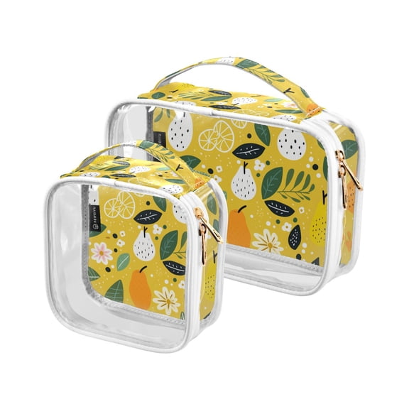 Pears Leaves Flowers Clear Cosmetic Bags with Handles PVC Toiletry Bags Zipper Waterproof Portable for Traveling 2 Pcs
