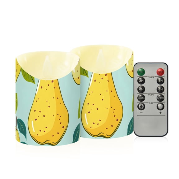 Pears Leaves Hand Drawn Flickering Flameless Candles with Remote Timer Battery Operated LED Tealight Set of 2 M
