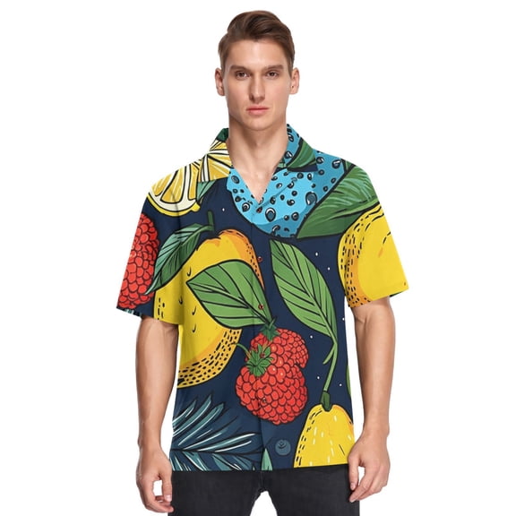 Pears Raspberries Blueberries Men's Hawaiian Wrinkle Free Button Down Short Sleeve Shirt Casual Shirts Beach Shirts