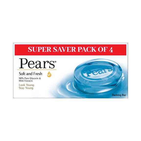 Pears Soft & Fresh Bathing Bar with 98% Pure Glycerine & Mint Extracts (125g x 4)