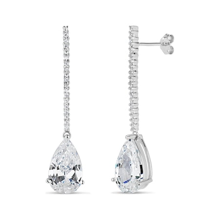 Pearshaped White Cubic Zirconia Sterling Silver Rhodium Plated Linear Drop Earrings