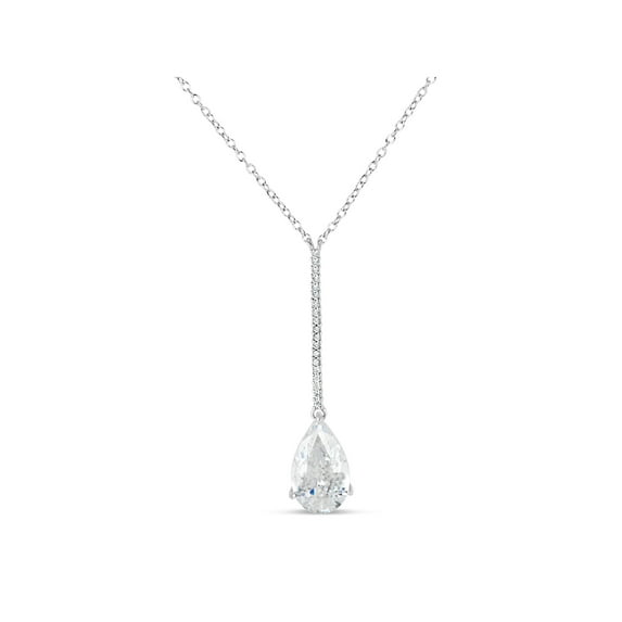 Pearshaped White Cubic Zirconia Sterling Silver Rhodium Plated Linear Y Necklace, 20"