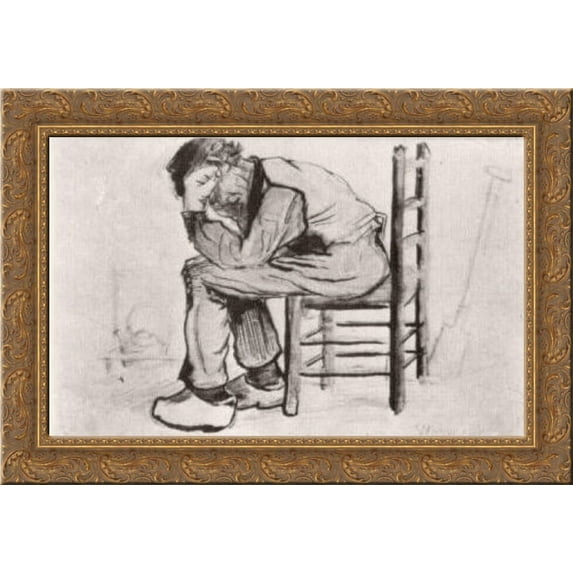 Peasant Sitting by the Fireplace (Worn Out) 24x20 Gold Ornate Wood Framed Canvas Art by Vincent van Gogh