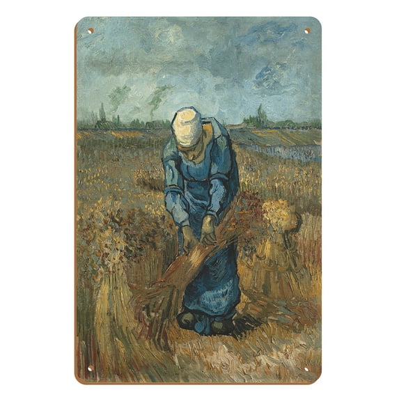 Peasant Woman Binding Sheaves (After Millet) - Saint-Rémy-de-Provence, France - From an Original Color Painting by Vincent Van Gogh c.1889 - 8 x 12 inch Vintage Wood Art Sign