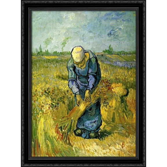 Peasant Woman Binding Sheaves after Millet 28x36 Large Black Ornate Wood Framed Canvas Art by Vincent van Gogh