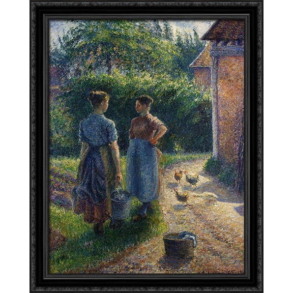 Peasants Chatting in the Farmyard, Eragny 28x36 Large Black Ornate Wood Framed Canvas Art by Camille Pissarro
