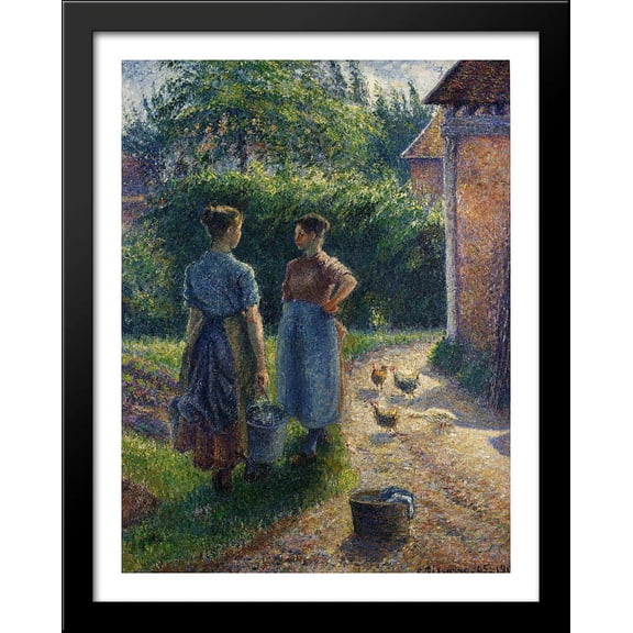 Peasants Chatting in the Farmyard, Eragny 28x36 Large Black Wood Framed Print Art by Camille Pissarro