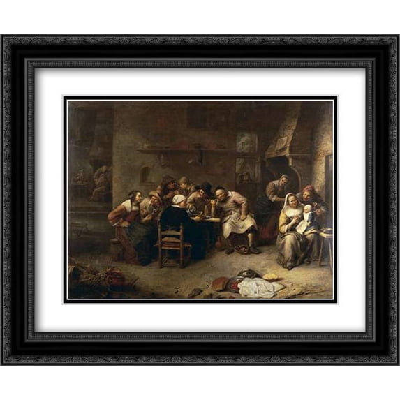 Peasants Drinking and Smoking In An Inn 2x Matted 24x20 Black Ornate Framed Art Print by Van Tilborch, Gillis