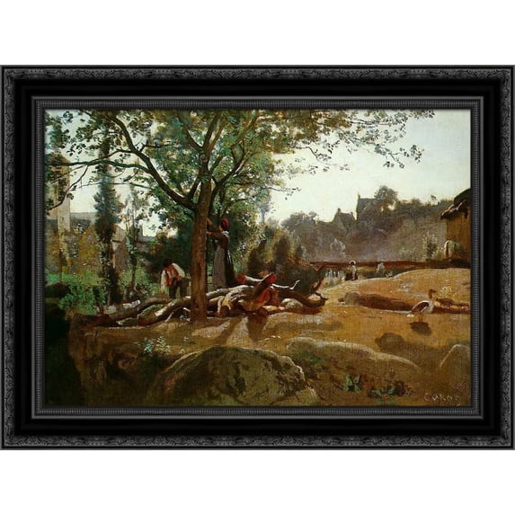 Peasants under the Trees at Dawn, Morvan 24x19 Black Ornate Wood Framed Canvas Art by Corot, Jean Baptiste Camille