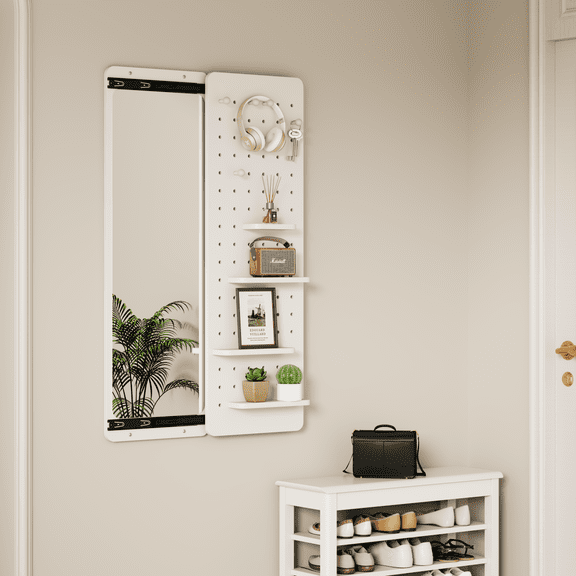 Peasulin 47.6 x 15.7 inch multi-functional design panel wall-mounted full-length mirror, space-saving, can be pushed and pulled. Suitable for bedroom/living room/entrance (white)