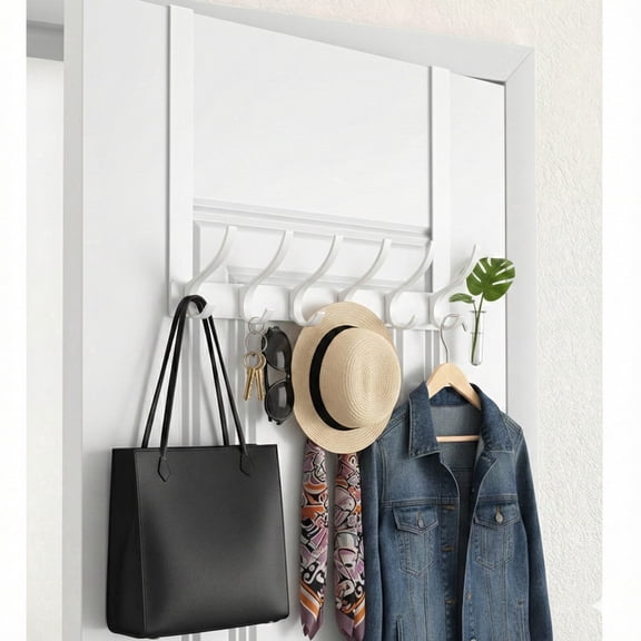 Peasulin Over The Door Hooks, Sturdy Door Hanger, Large Over The Door Towel Rack with 12 Hooks, Heavy Duty Easy to Install, for Bathroom, BedroomKitchenHanging Towels, Coats (White)