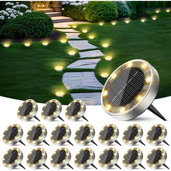 16 Pack Mini Solar Ground Lights, IP68 Waterproof Anti-Rust Flat Disc, Warm White Landscape Lighting for Pathway Garden Yard Lawn Driveway