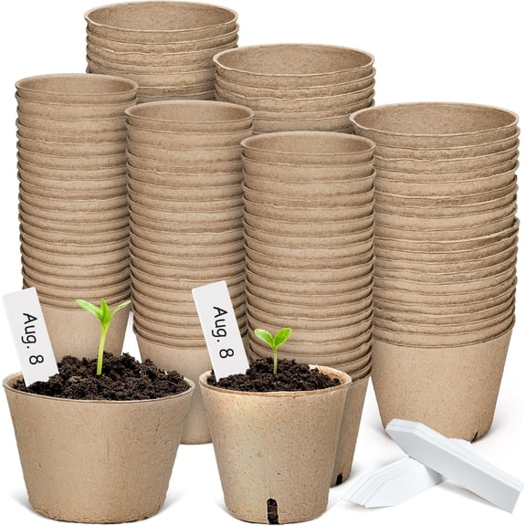 Peat Pots, 120 Pcs 4 Inch Seed Starting Pots with Drainage Holes Round Nursery Plants Pots with Bonus 20 Plant Labels