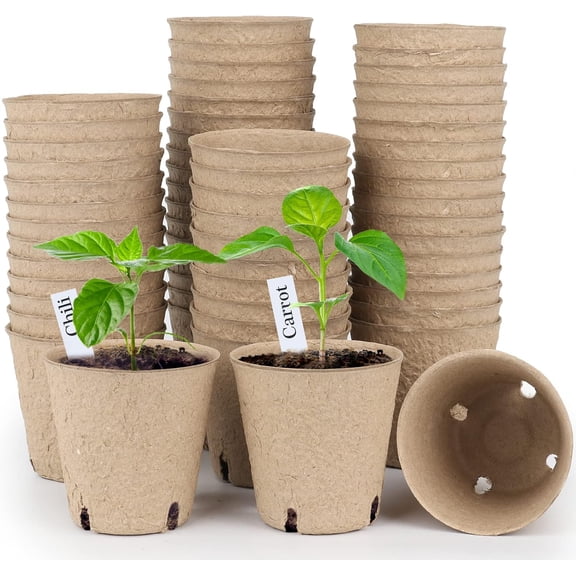 Peat Pots 60 Pcs 3.15 Inch Round Seed Starting Nursery Plant Containers with Drainage Holes and 20 Bonus Plant Labels