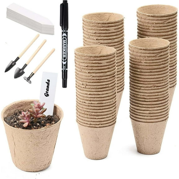 Peat Pots With Plant Labels,Biodegradable Pots With Drainage Holes,Garden Plant Nursery Pots Seed Starting Trays,Planting Paper Tray Cup Plant Label 50Pcs Set,1Ml
