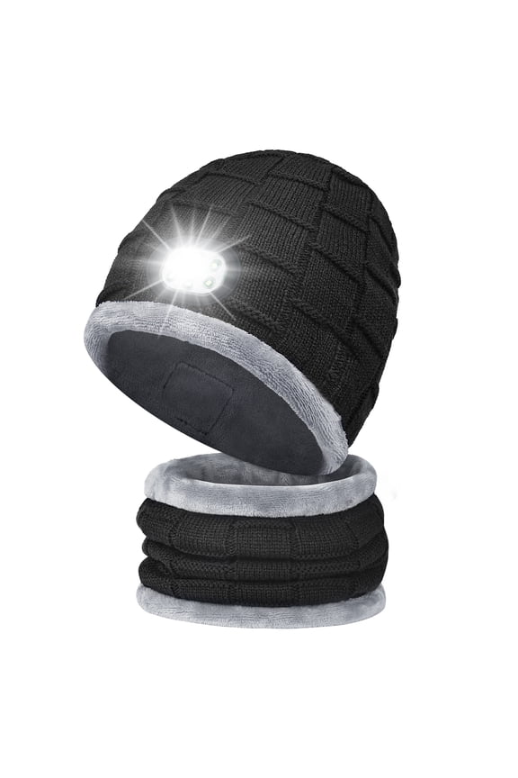 Winter Beanie Hat with Light,  Black Unisex Warm Scarf Set with 6 Led Lighted Hat
