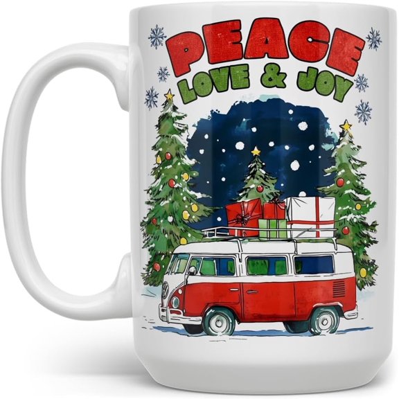 Peave Love & Joy Christmas Bus Ceramic Coffee Mug 1 Side Festive Winter Retro Holiday Drinkware