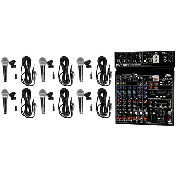 Peavey PV 10BT PV10BT Mixer w/Bluetooth/USB,Compressor/Effects+(6) Samson Mics