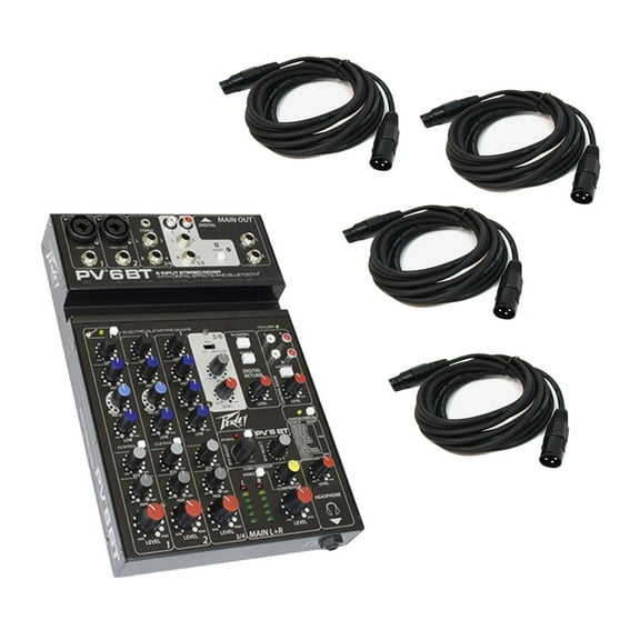 Peavey PV6 BT New Pro Audio DJ Bluetooth 6 Channel Slim Mixer & (4) XLR Cables