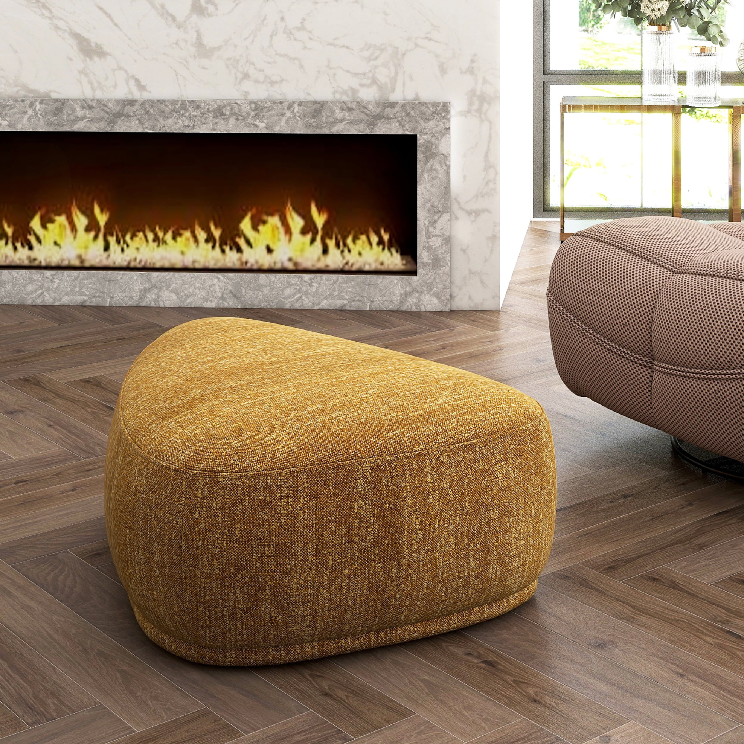Mustard Yellow Tweed Rounded Triangle Cocktail Ottoman
