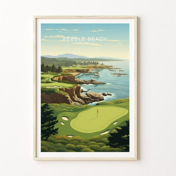 Pebble Beach California Travel Print, Pebble Beach Monterey Poster Print, Pebble Beach Golfing Wall Art, Minimalist Coastal Wall Art- Wall Art Print, 16x24 UNFRAMED
