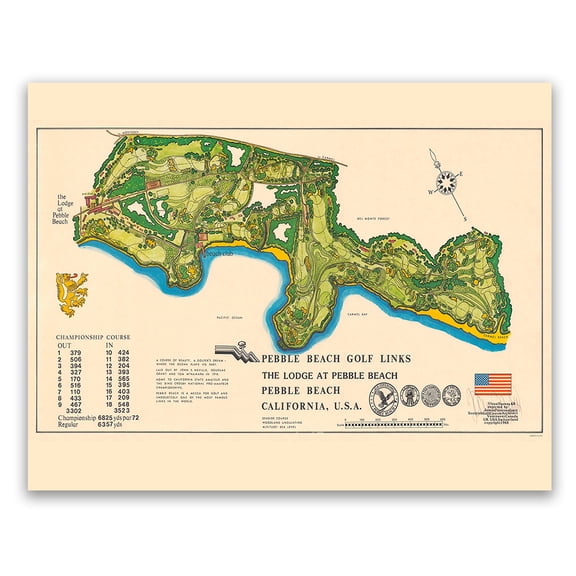 Pebble Beach Links California c1968 24x36 Vintage Golf Course Map Illustrated Coastal Sports Cartography Historic Fairway Layout Collector Gift Unframed Decor Office Study Man Cave Clubhouse Resort