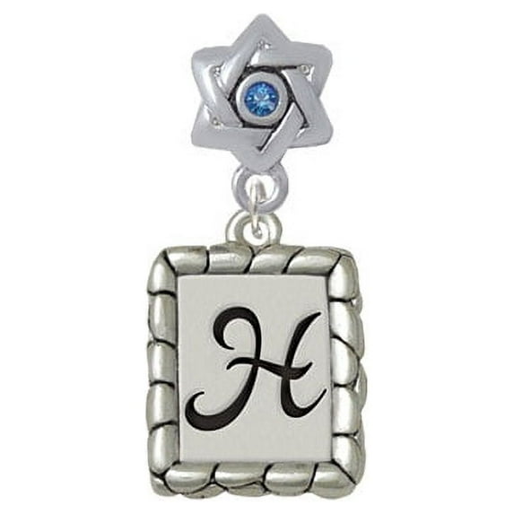 Pebble Border Initial - H - Star of David with Blue Crystal Charm Bead