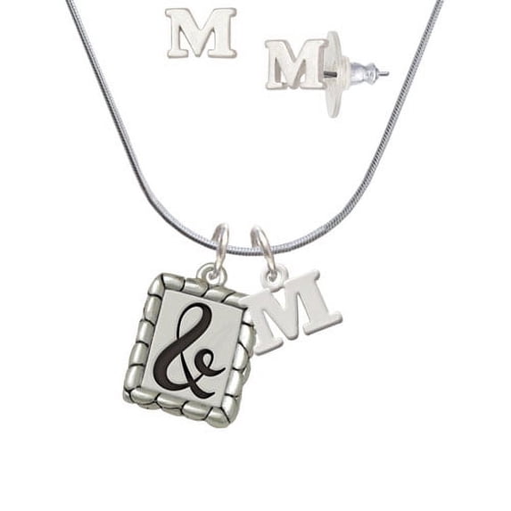 Pebble Border Initial - & - M Initial Charm Necklace and Stud Earrings Jewelry Set