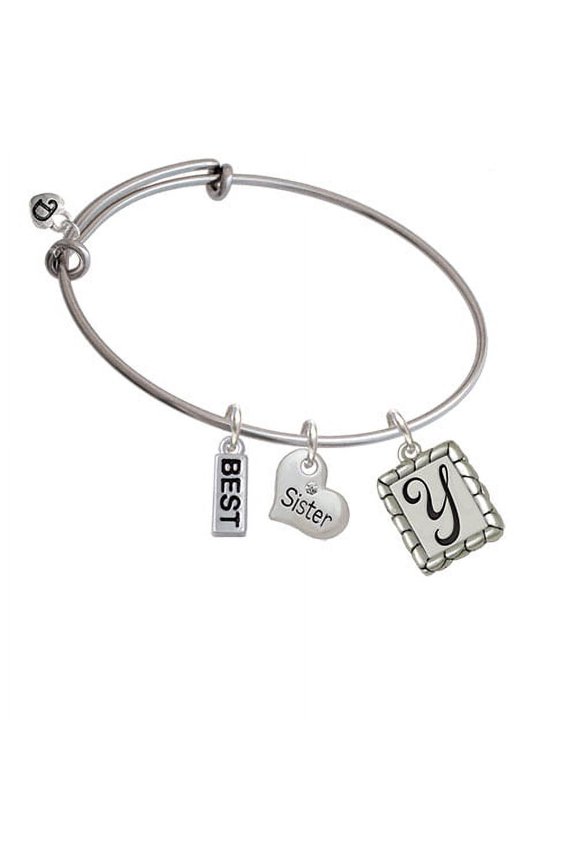 Pebble Border Initial - Y Sister Heart Expandable Bangle Bracelet