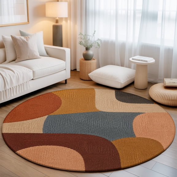 Pebble Color Block Round Living Room Rugs 6 ft, Vintage Minimalist Abstract Tan Gray Texture Washable Area Rug with Non-Slip Sturdy Edge Binding Round Carpet for Kitchen Office Bedroom