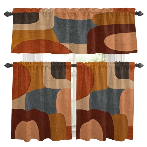 Pebble Color Block Window Curtains Valance Set of 3 Vintage Minimalist Abstract Tan Gray Texture Rod Pocket Small Kitchen Curtain, Soft Window Treatment for Bedroom Party Holiday Decor