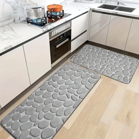 Pebble Embossed Flannel Bath & Kitchen Mats, 2-Pack Soft Non-Slip Quick-Dry Absorbent Floor Mat for Bathroom, Laundry, Bedside, Indoor Decor